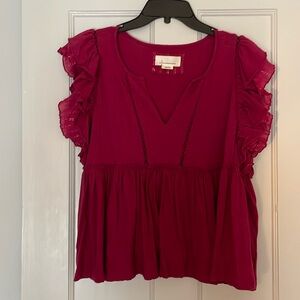 Anthropologie cotton linen berry top empire peplum waist metallic thread ruffles